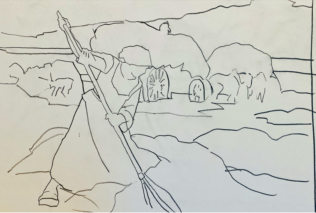 A simple line sketch of the same painting
