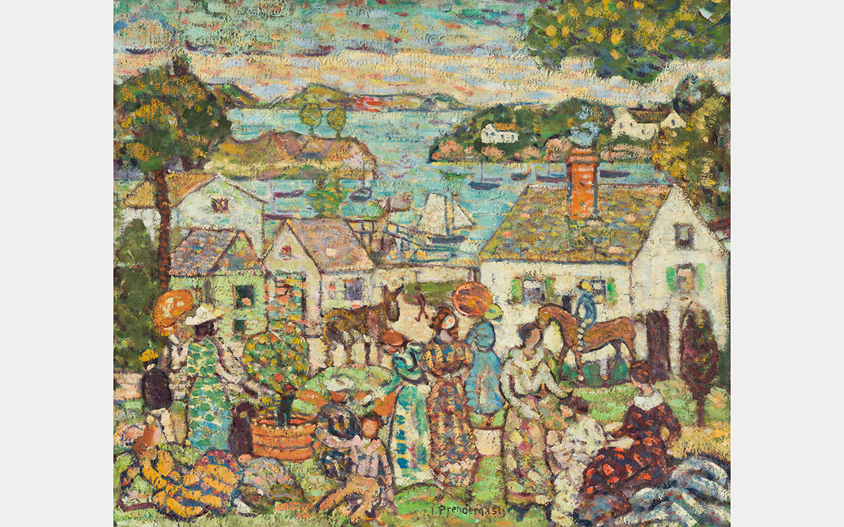 Colorful painting of people with animals, houses, ocean, and hills.
