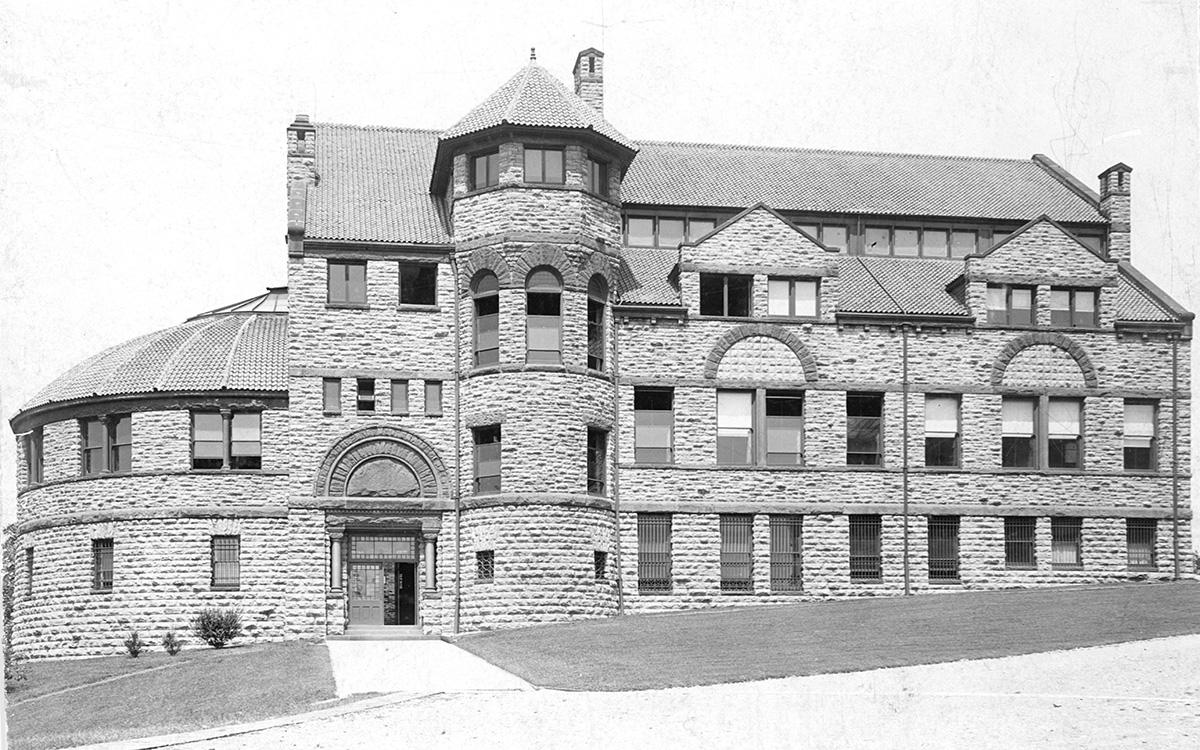 Black and white photo of a stone building