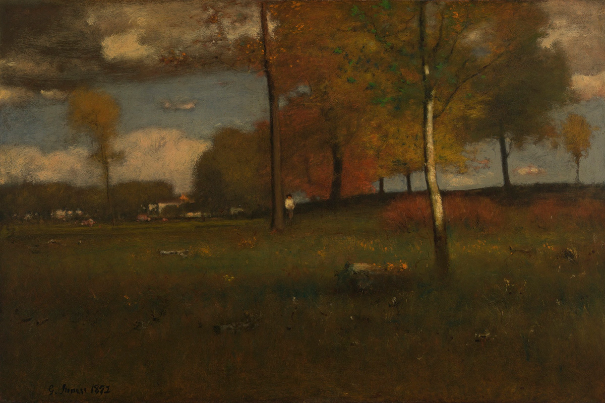 Landscape with field and trees in shades of green, yellow, and orange; a soft blue sky with gray and clouds; village buildings and more trees on the horizon; a single figure leans against a tree.
