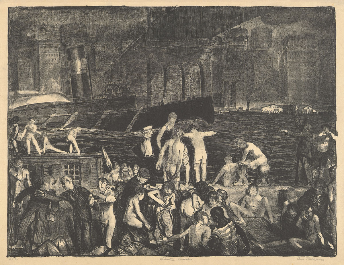 In this print, over two dozen people gather along New York City’s East River to bathe.