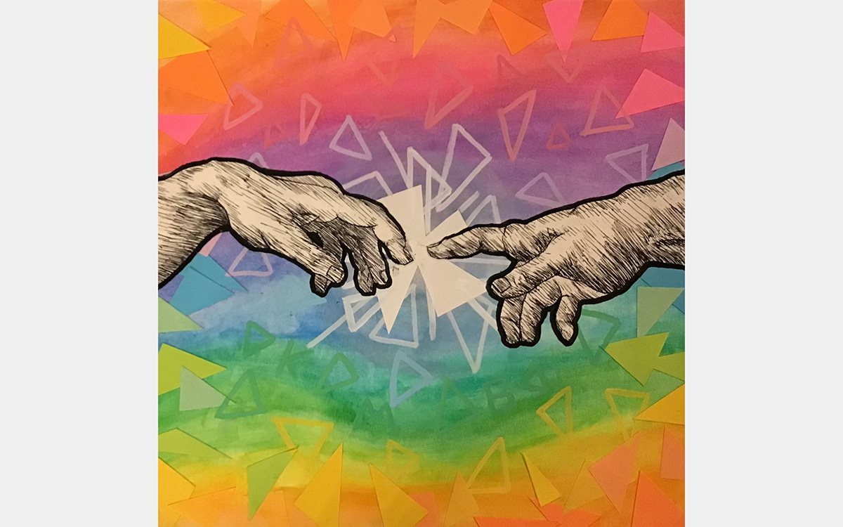 Two hands reach out to touch each other with their index fingers against a bright, mulitcolored background.
