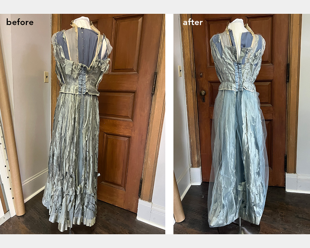 The back of the same blue dress before and after conservation. On the left, the dress is tattered. On the right, it is repaired.