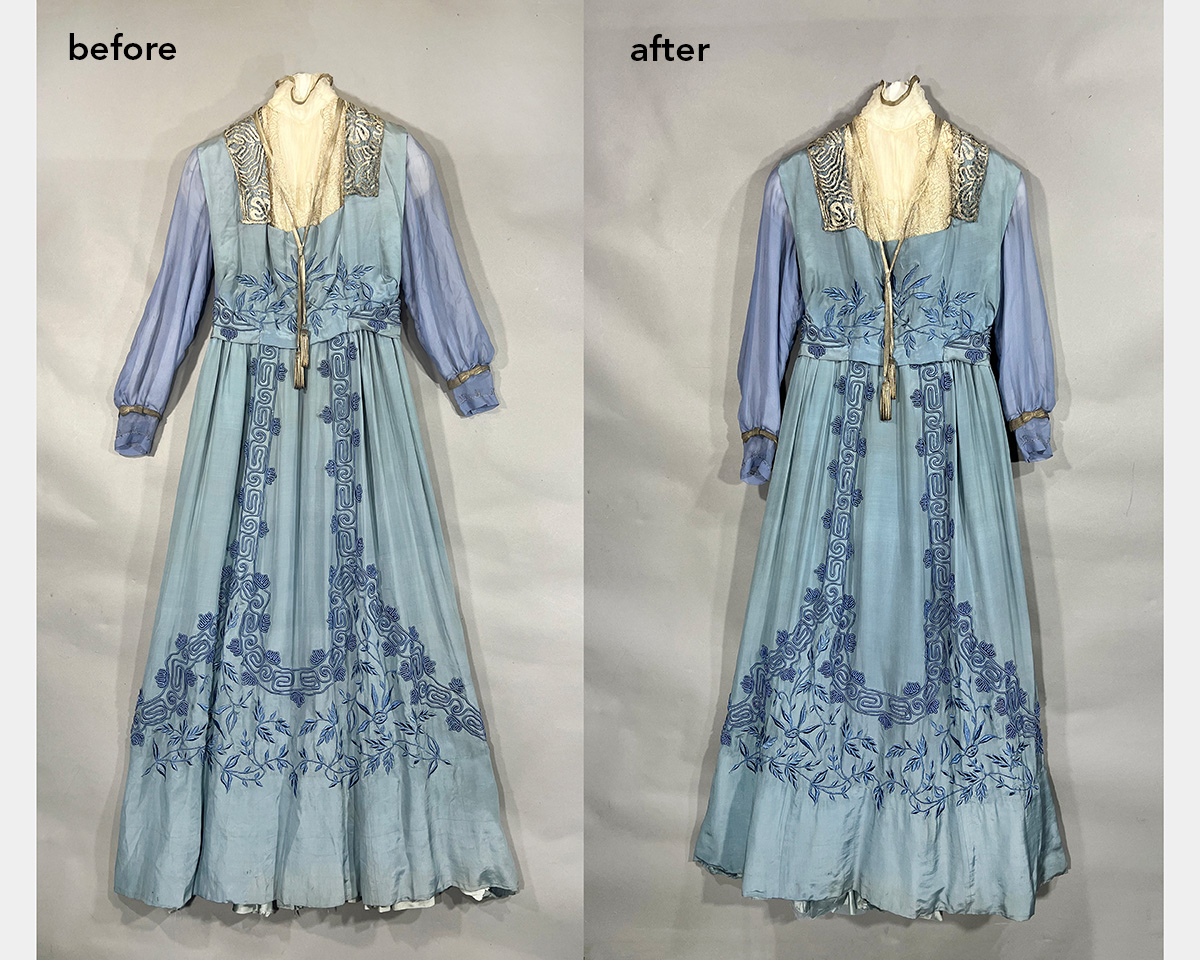 Detailed photos of the dress before and after conservation on a gray background.