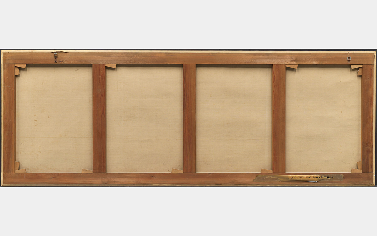 Back of a long horizontal painting showing back of the canvass and wood frame.