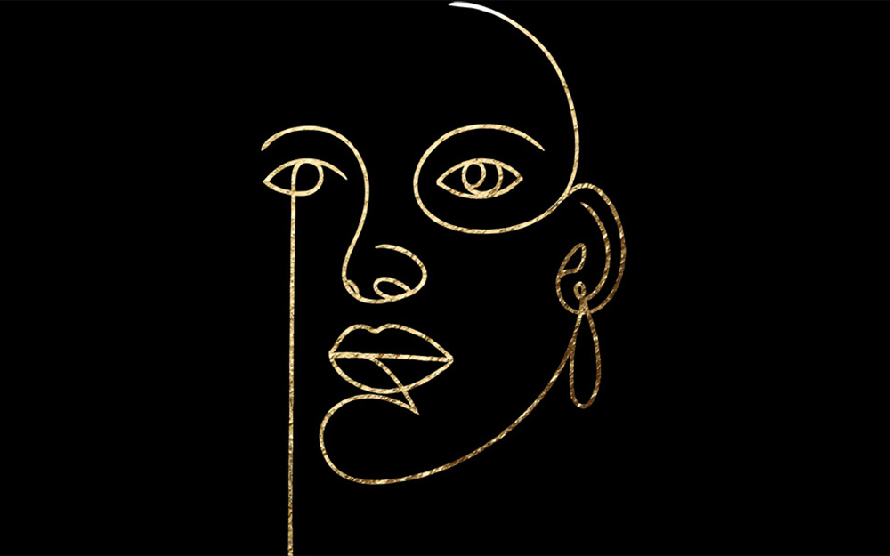 A gold contour line drawing of a face wearing an earring over a black background.