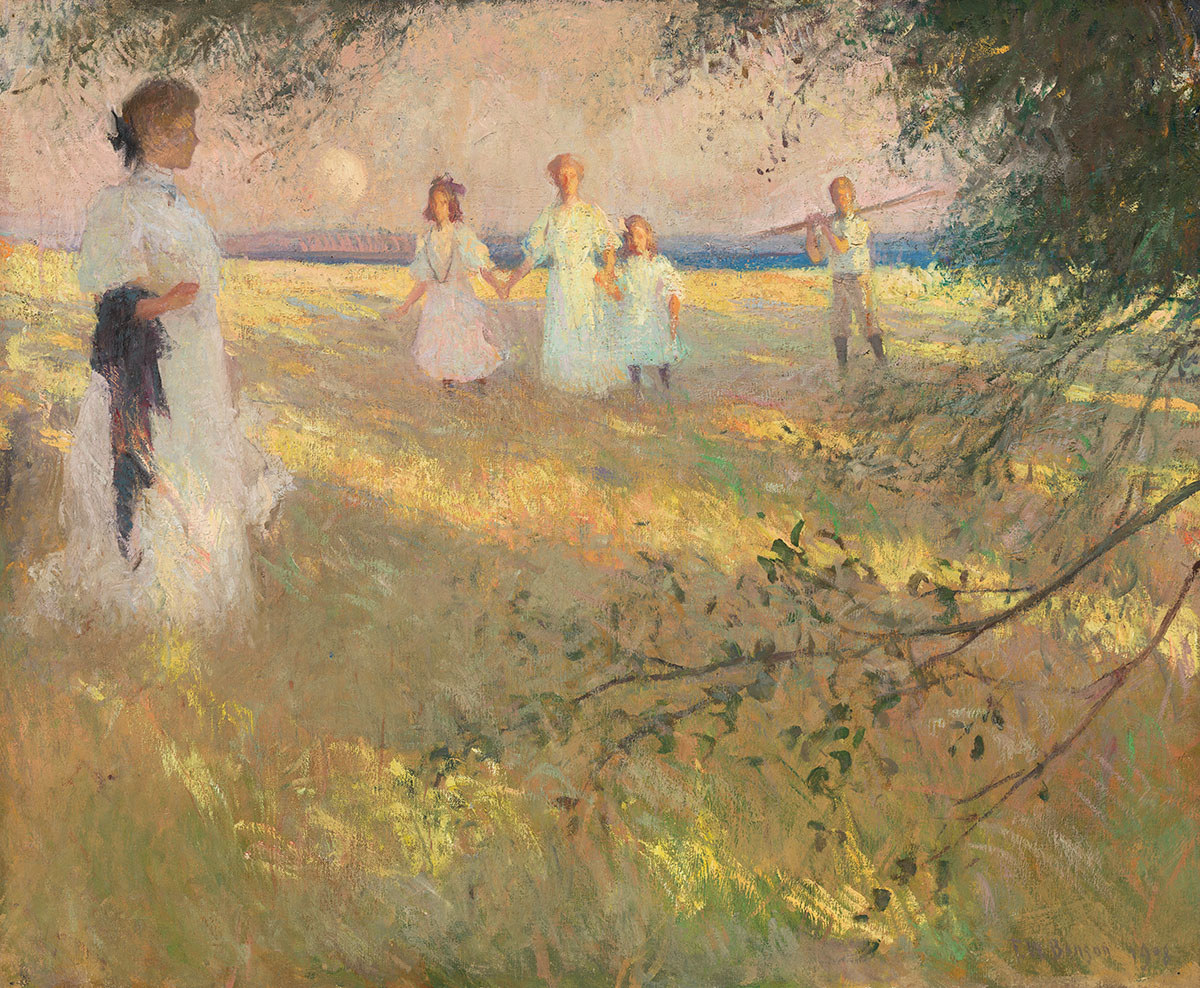 A pastel, impressionistic painting of a woman in a white dress with people approaching her in the distance