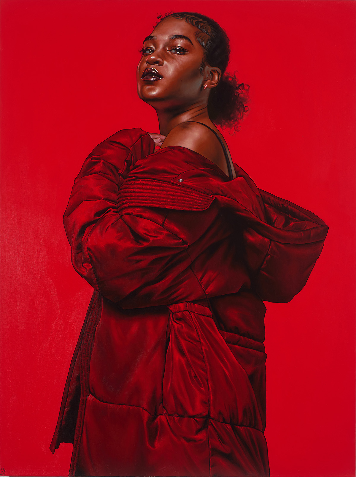 One of two paintings featuring a Black woman wearing an oversized parka. In one image, the parka is open and in the other it is closed. The background of the image and all clothing is red.
