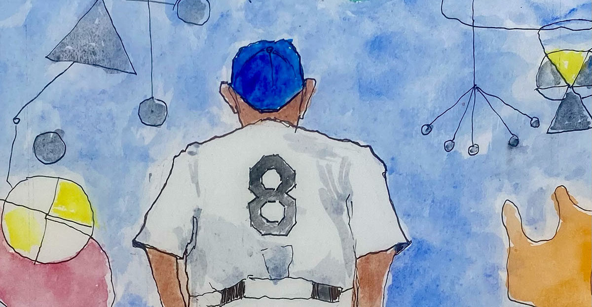 A baseball player with an 8 on his back looks at a blue mural