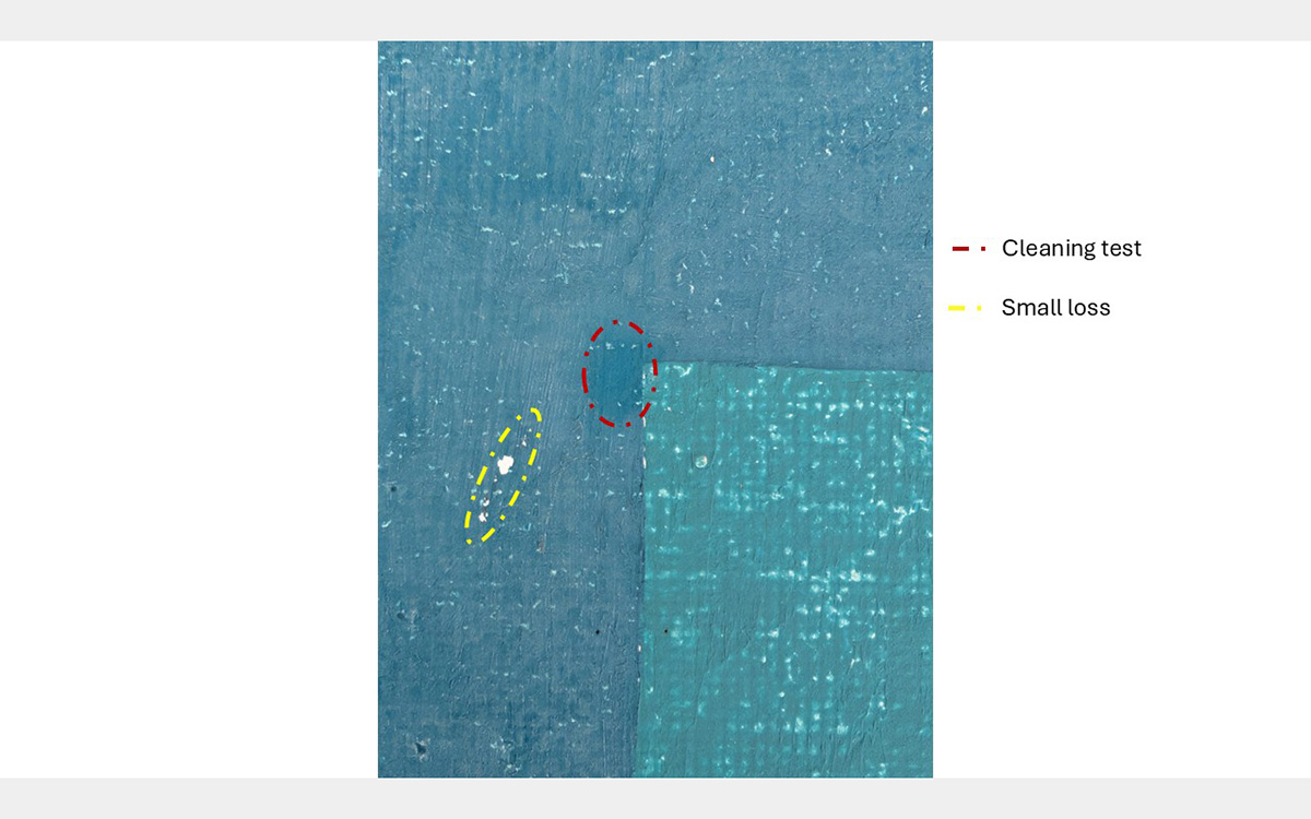 Blue rectangle with light blue corner; red dotted circle indicates "Cleaning test" and yellow dotted circle indicates "Small loss".