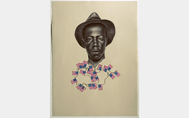 Whitfield Lovell (American, b. Bronx, NY), Kin I (Our Folks), 2008, Conté on paper, found paper flags, string, 30 x 22 1/2 in., Collection of Reginald and Aliya Browne, Courtesy of American Federation of Arts, the artist, and DC Moore Gallery, New York