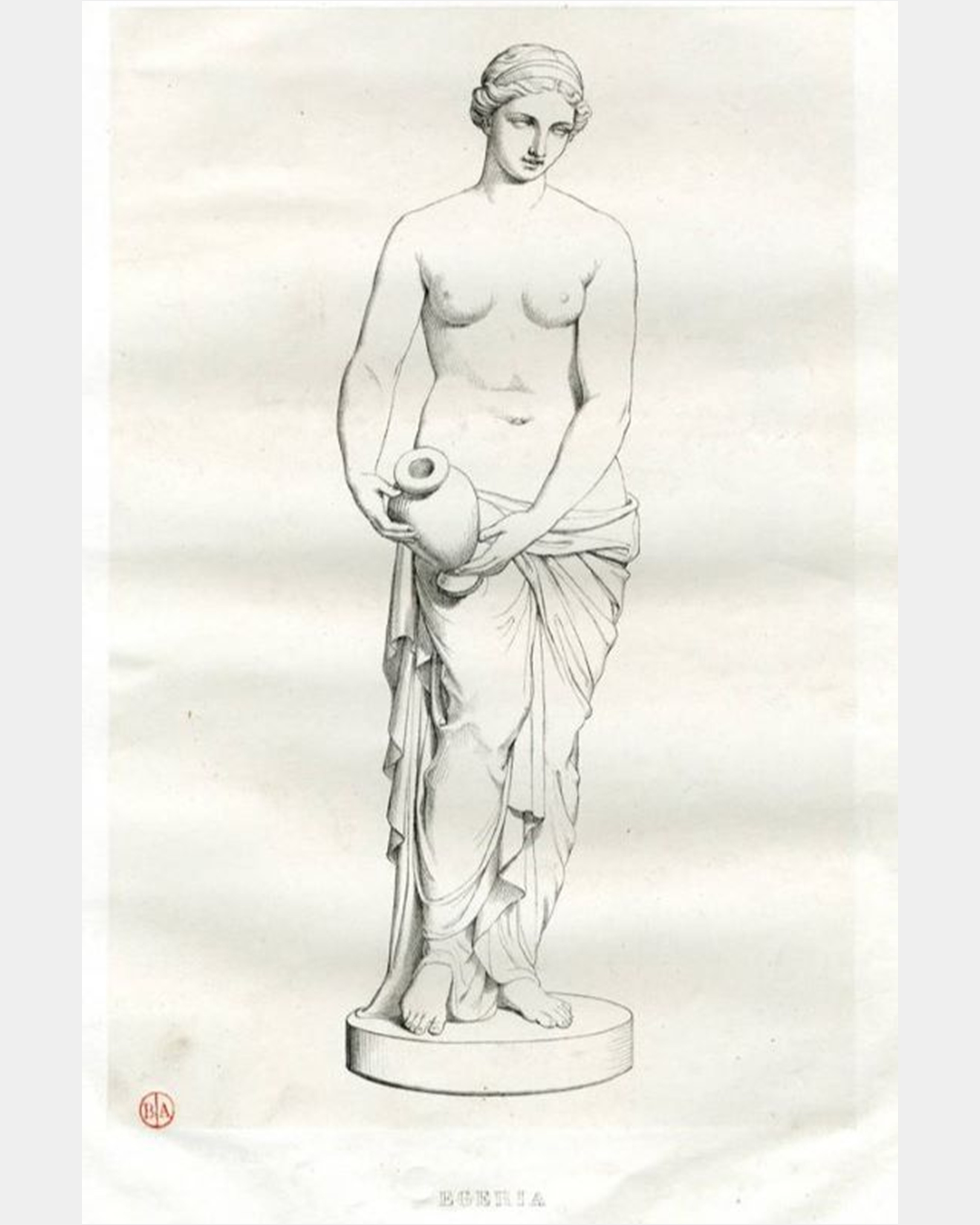 Black on white printed image of woman carrying a vase. Her lower half is covered by drapery, and her upper half is nude.