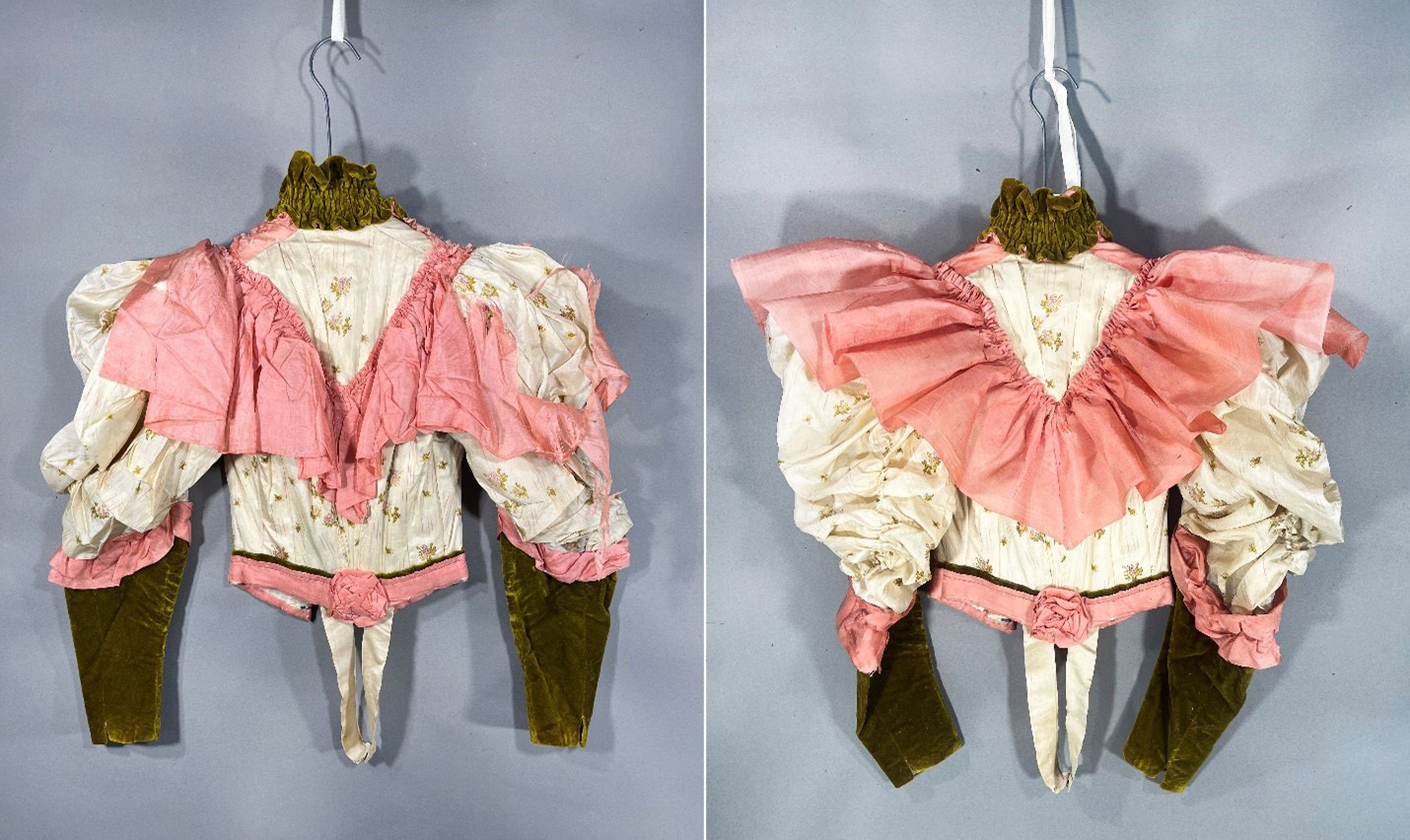 The back of a white and green dress with pink ruffles before and after treatment. The ruffles are repaired.