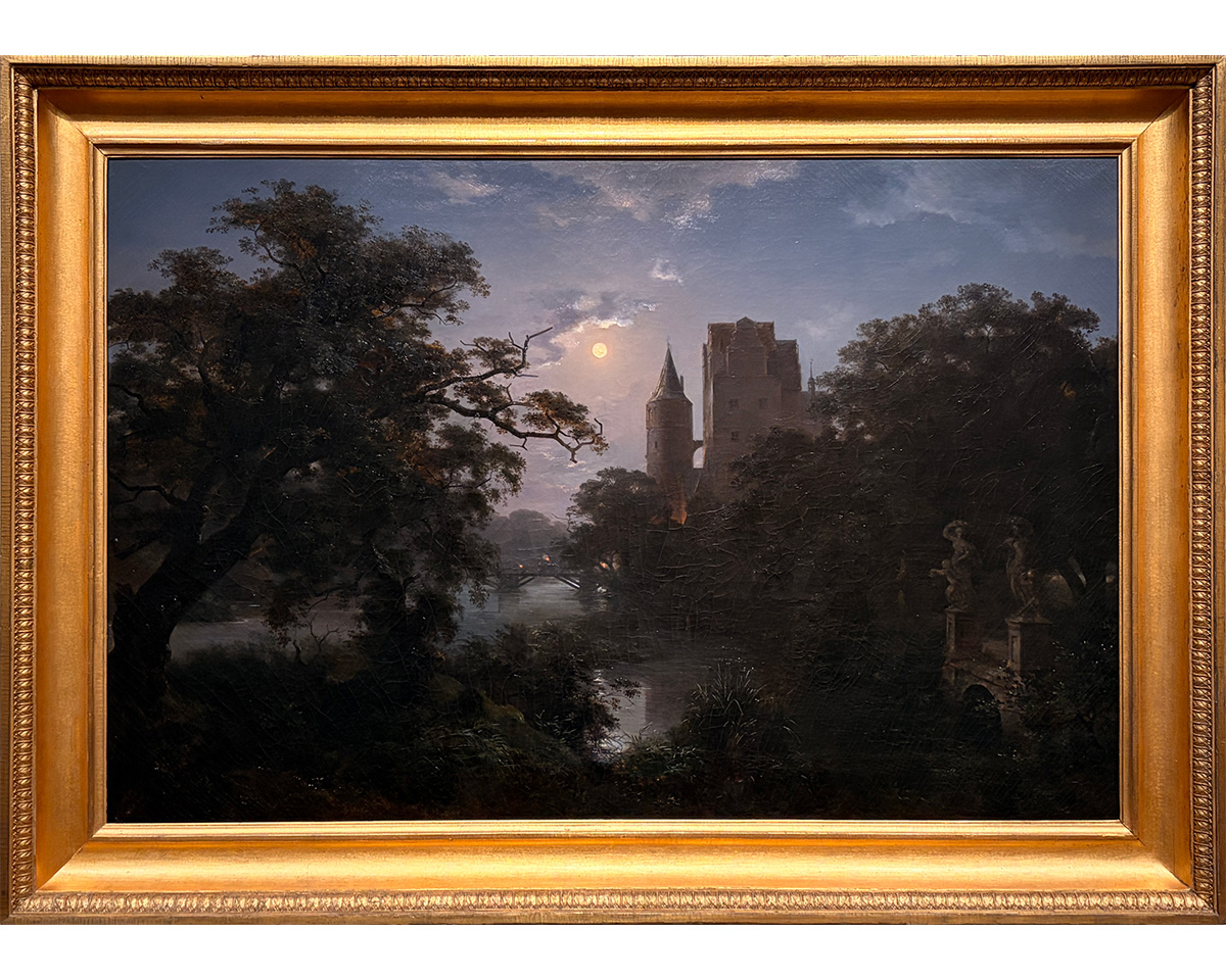 Painting of a castle at night surrounded by green landscape with moon in the sky