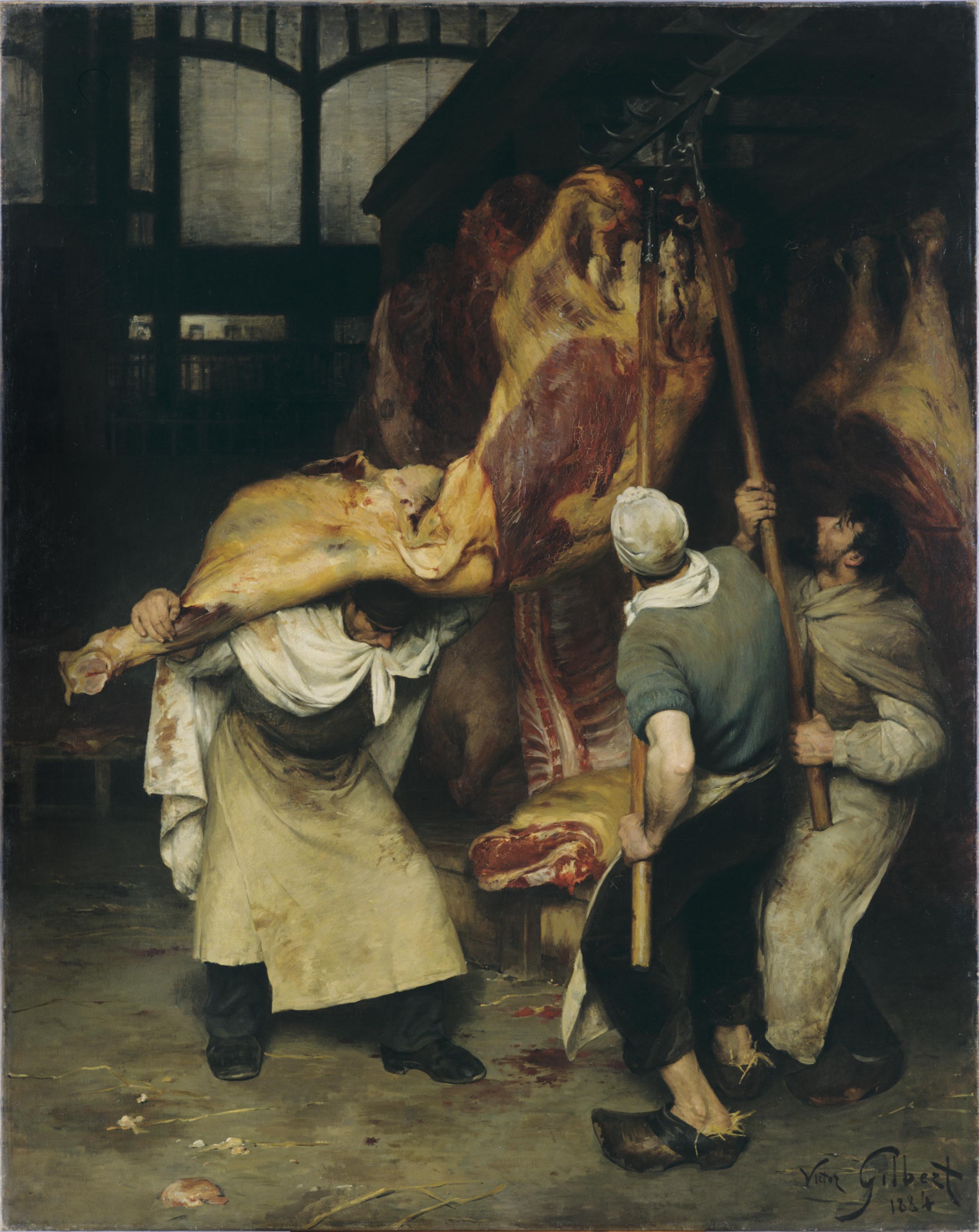 Several white men hang a massive cow carcass