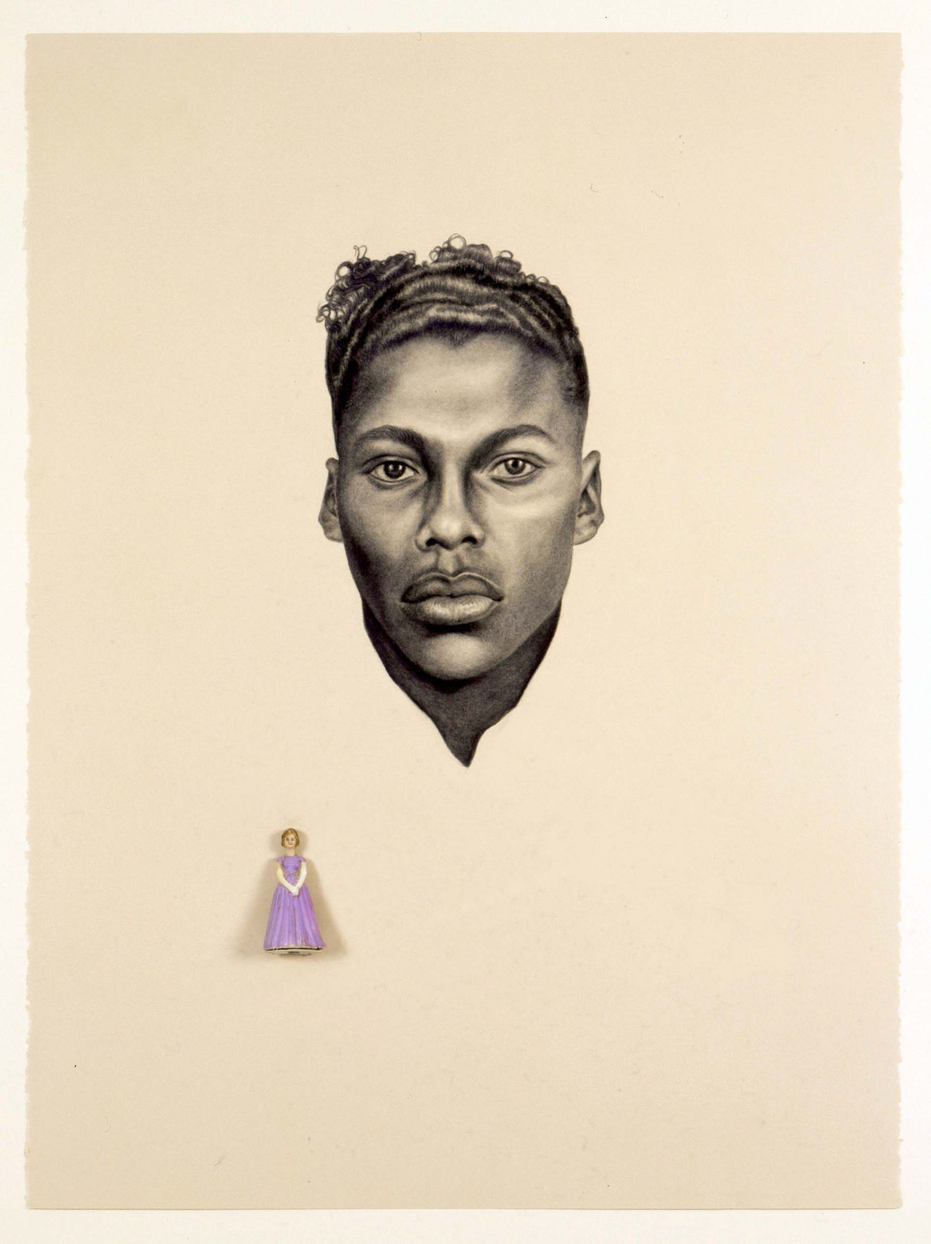 Disembodied head of a man floating in a cream white liminal space, to the left of his head floats a  small doll in a purple dress.