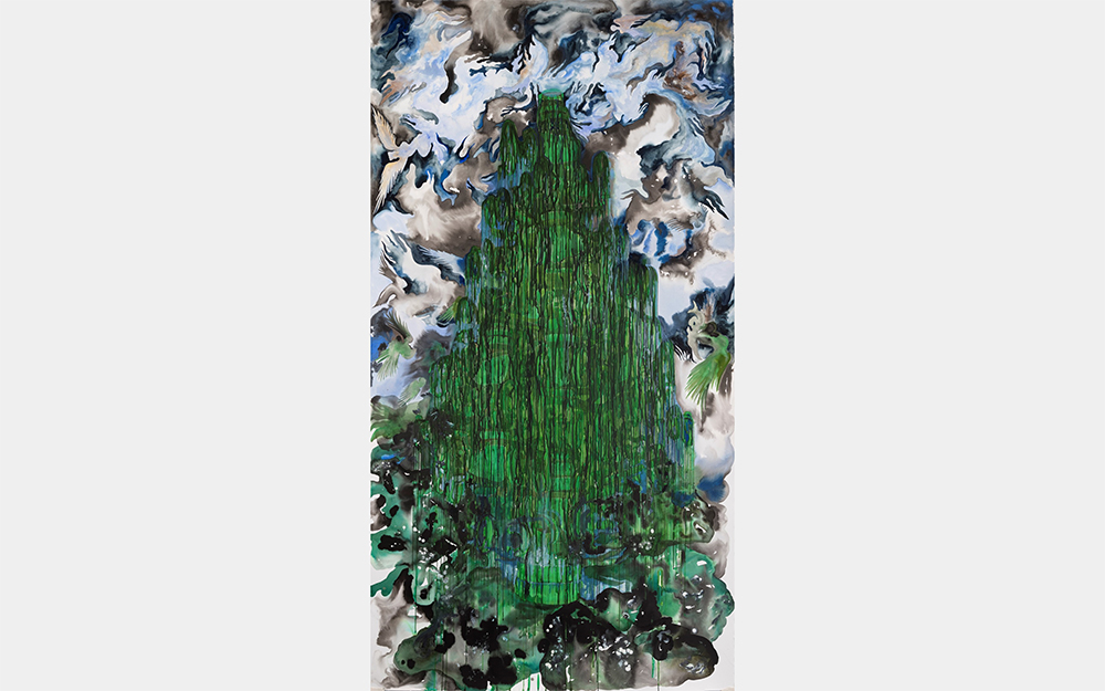 A large green tree surrounded by swirling, angelic figures