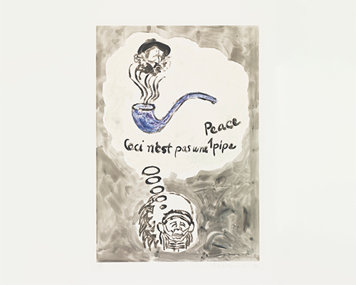 A print featuring a stylized indigenous person wearing a headdress who is thinking of a blue pipe, featuring the words "Ceci n'est pas une peace pipe"