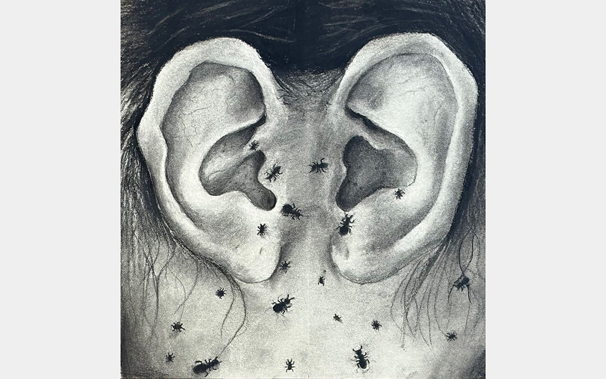 Black and white dreamlike image of two human ears and crawling insects