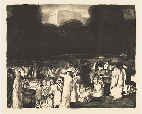 A print of women and girls gathered in a large, open park