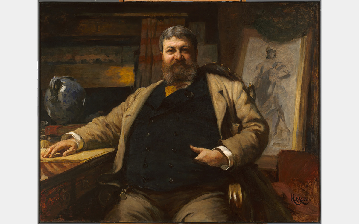 Portrait painting of a heavy-set man in a suit with a large beard and sitting in room surrounded by art.