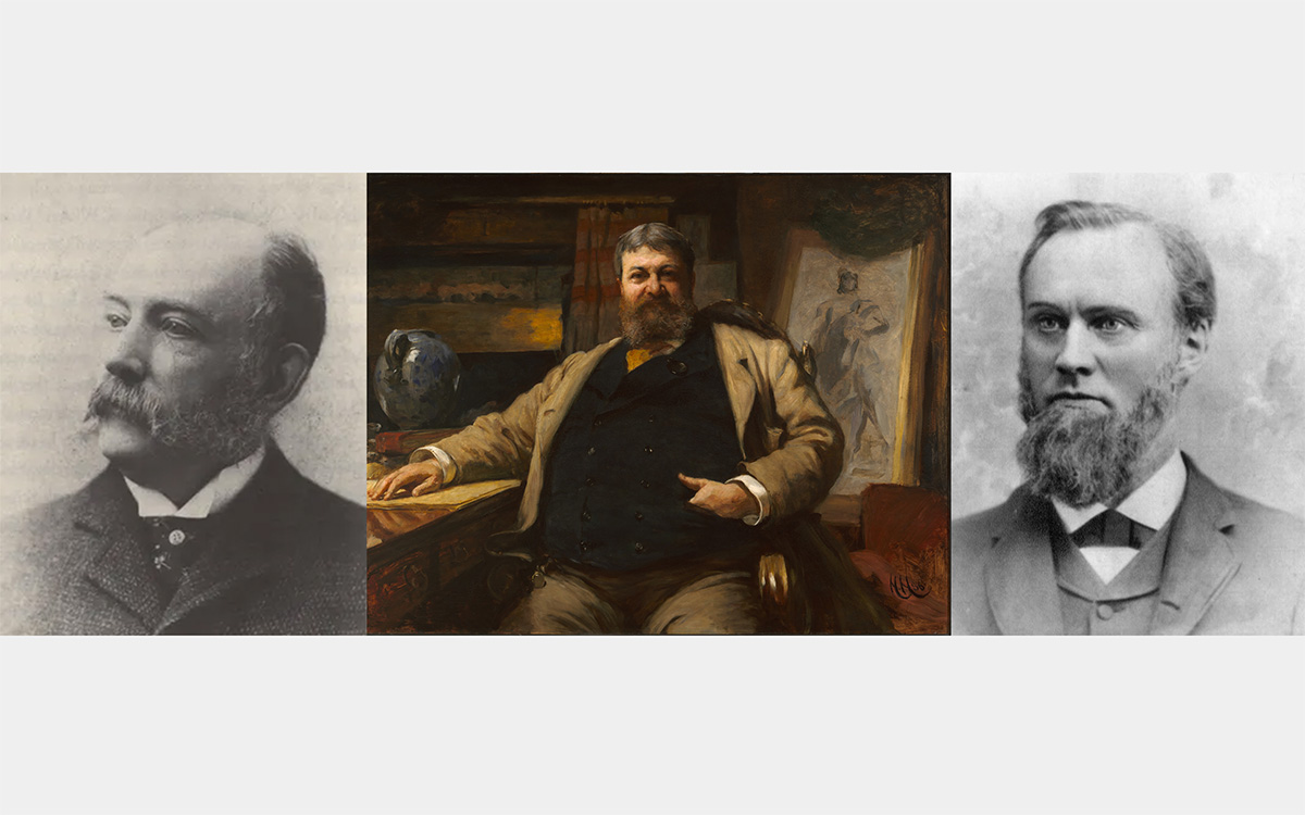 Three portraits of men. The first and third are black-and-white photos. The second is a painted portrait in color.
