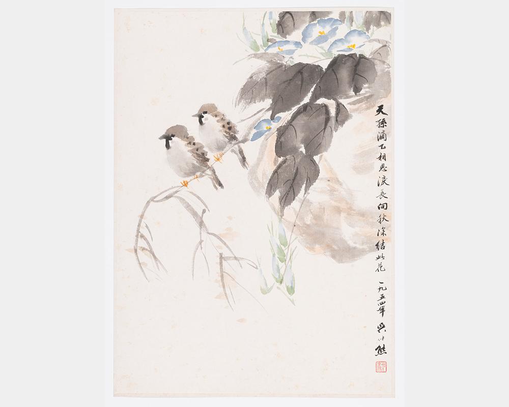 Woo Chong Yung (C.Y. Woo) 吳仲熊 (American, 1898–1989), Two Sparrows and Morning Glory, ink and color on paper, 1954, C.Y. Woo Collection, donated by T.H. Wu