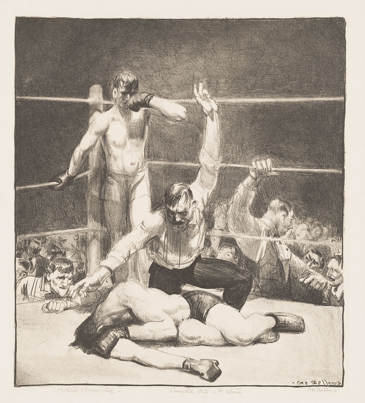 Here, the artist captures the end of a boxing match.