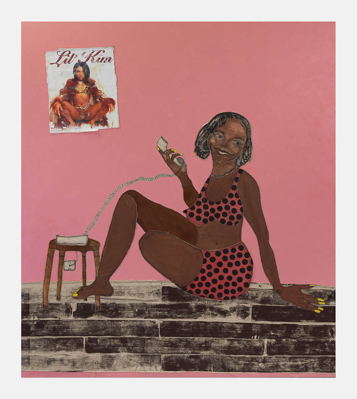 A painting of a Black woman reclining on the floor wearing a pink and black polka dotted outfit. She holds a corded phone. The pink wall in the background features a poster of Lil Kim.