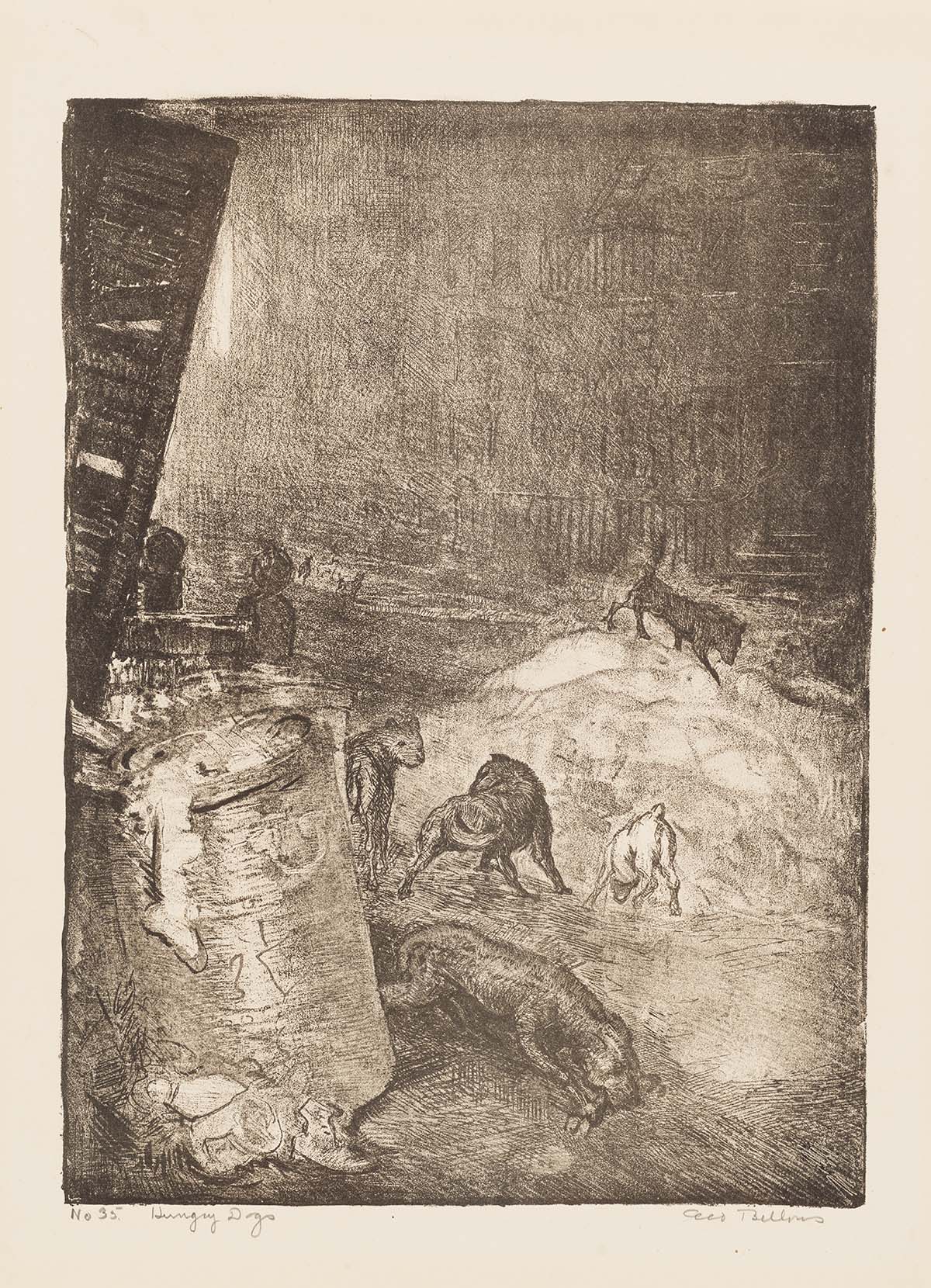 In this scene, a group of five dogs in various guises—digging, chewing on a bone, challenging each other—scrounge for food in a ramshackle outdoor space that is an alley.