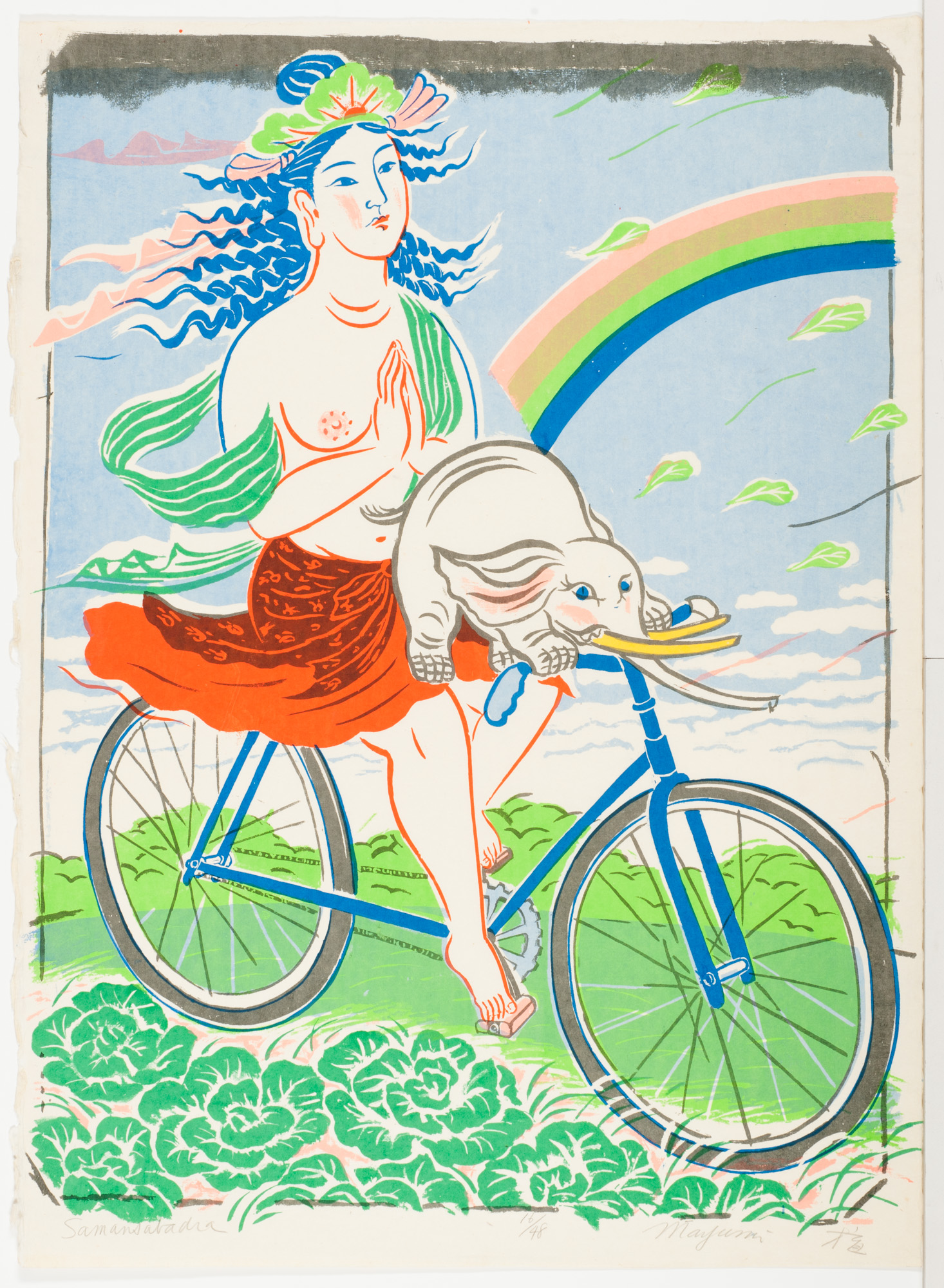 Mayumi Oda (Japanese, b. 1941), Samansabadra (On the Bicycle), 1980, color screen print, Cincinnati Art Museum; The Howard and Caroline Porter Collection, 1990.813, © Mayumi Oda/Licensed by VAGA at Artist Rights Society (ARS), NY