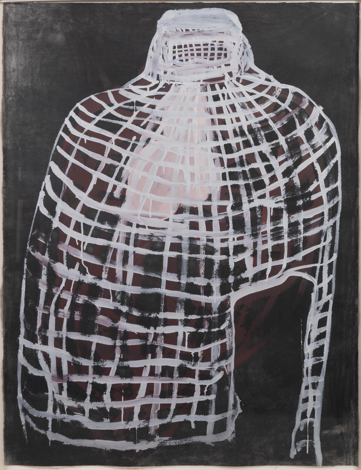 A white, birdcage-like painting on a black background