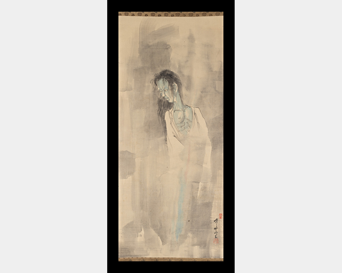 Female figure with blue skin and long black hair in a white robe with broad, gray brushstrokes in background.