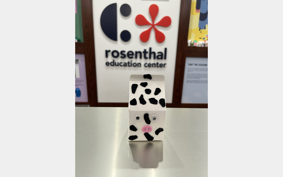 Small colorful model of a house on a tabletop with a "rosenthal education center" sign on wall in background.