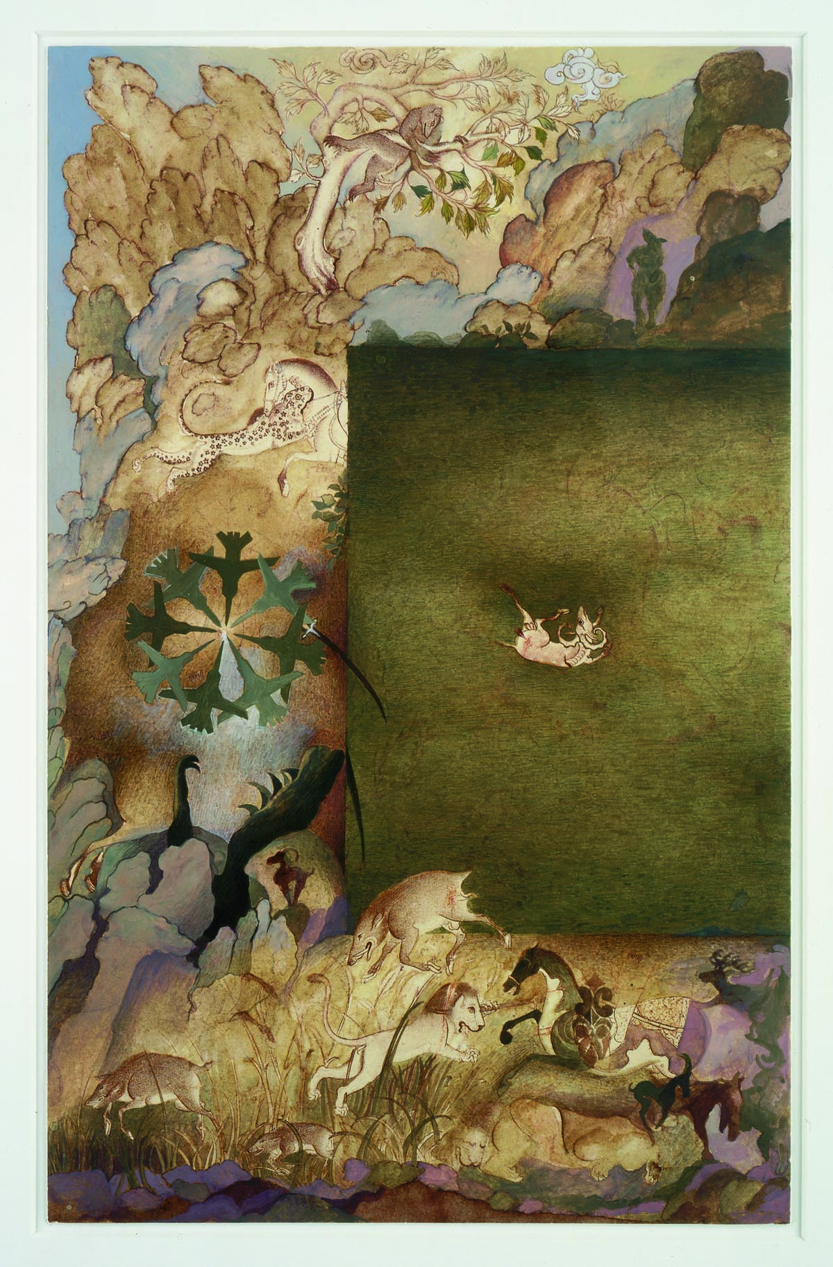 A small goat figure falls on a brown field that is surrounded by a cloudlike border featuring wild animals and fighter jets