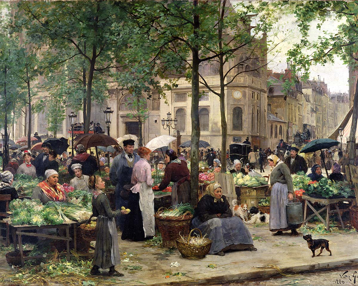 A painting of a busy market scene in a city