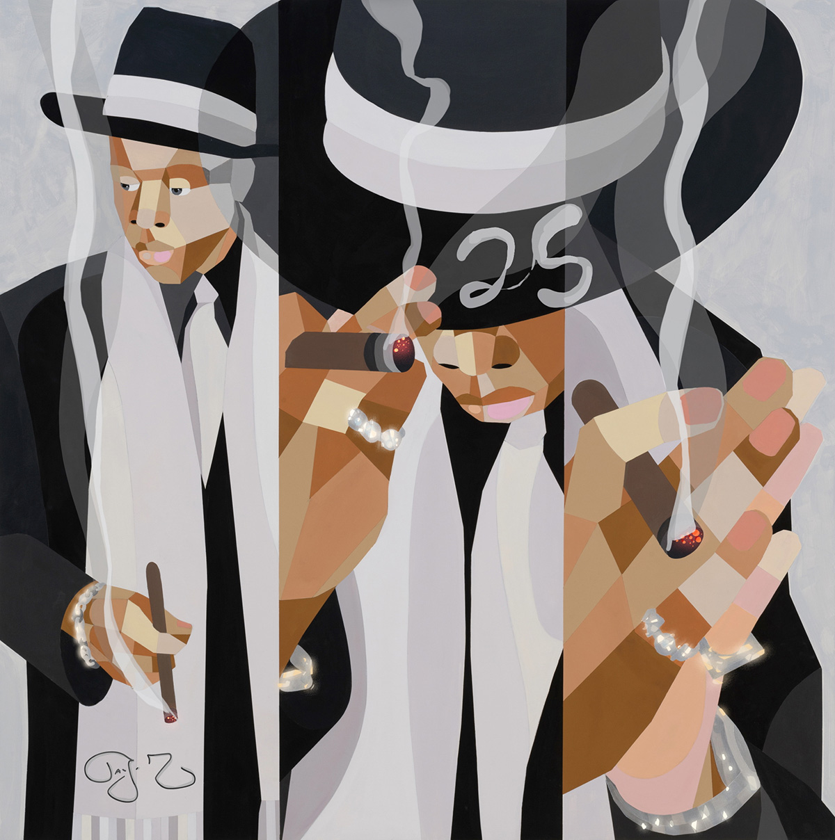 A simple illustration of Jay Z holding a cigar and wearing a hat and scarf. The hat has the number 25 on the brim.