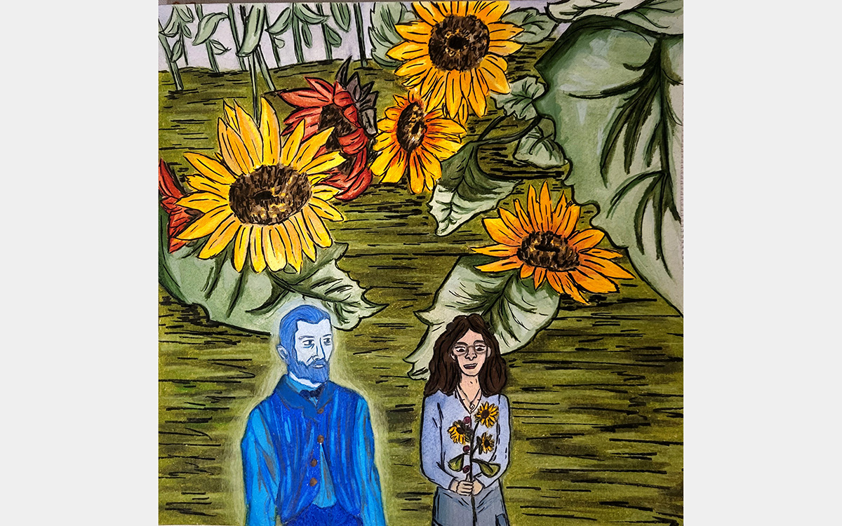 Colorful drawing of sunflowers with a bearded man in blue and a young woman with brown hair and glasses holding a sunflower.