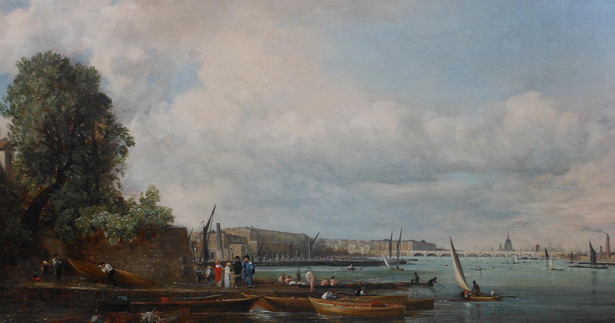 A painting of a big blue sky over boats along a river