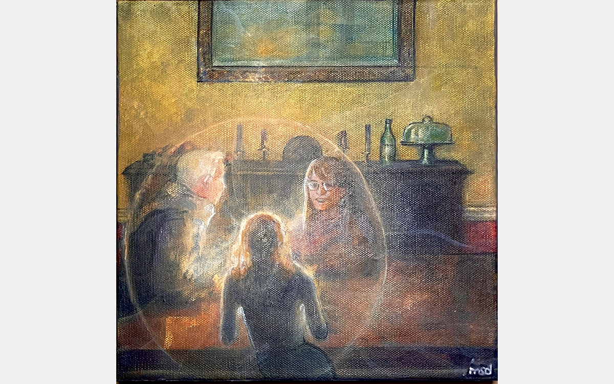 Three people seated a table surrounded by a halo inside a dining room