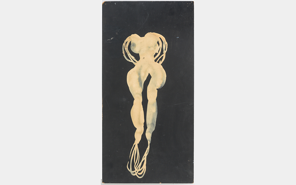 An abstract, curved feminine form with rootlike arms and feet