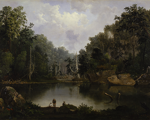 A landscape painting featuring three figures fishing by a lake in a densely wooded forest
