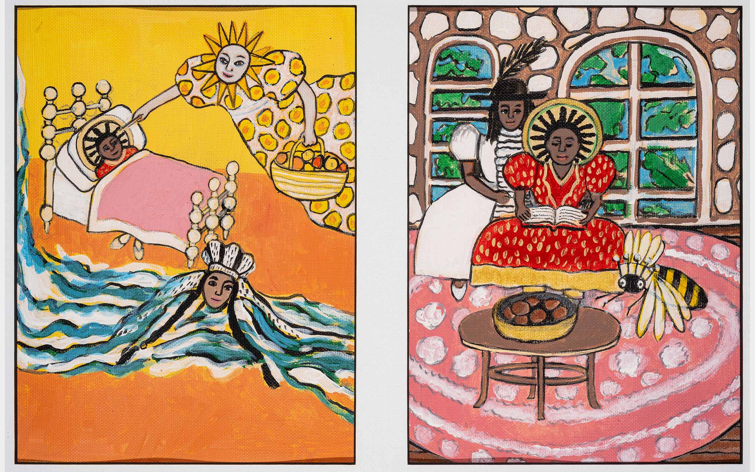 A yellow goddess blesses a young Black girl in a bed. The girl reads a book with an older Black woman.