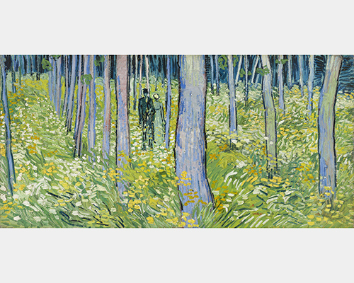 A painting of two figures in a copse of trees with yellow and white flowers