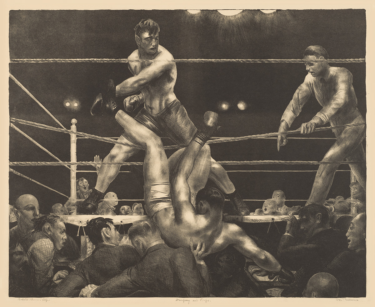 In this dynamic print, Bellows captures the moment when Dempsy knocks Firpo out, flipping him through the ropes and into the crowd below. 