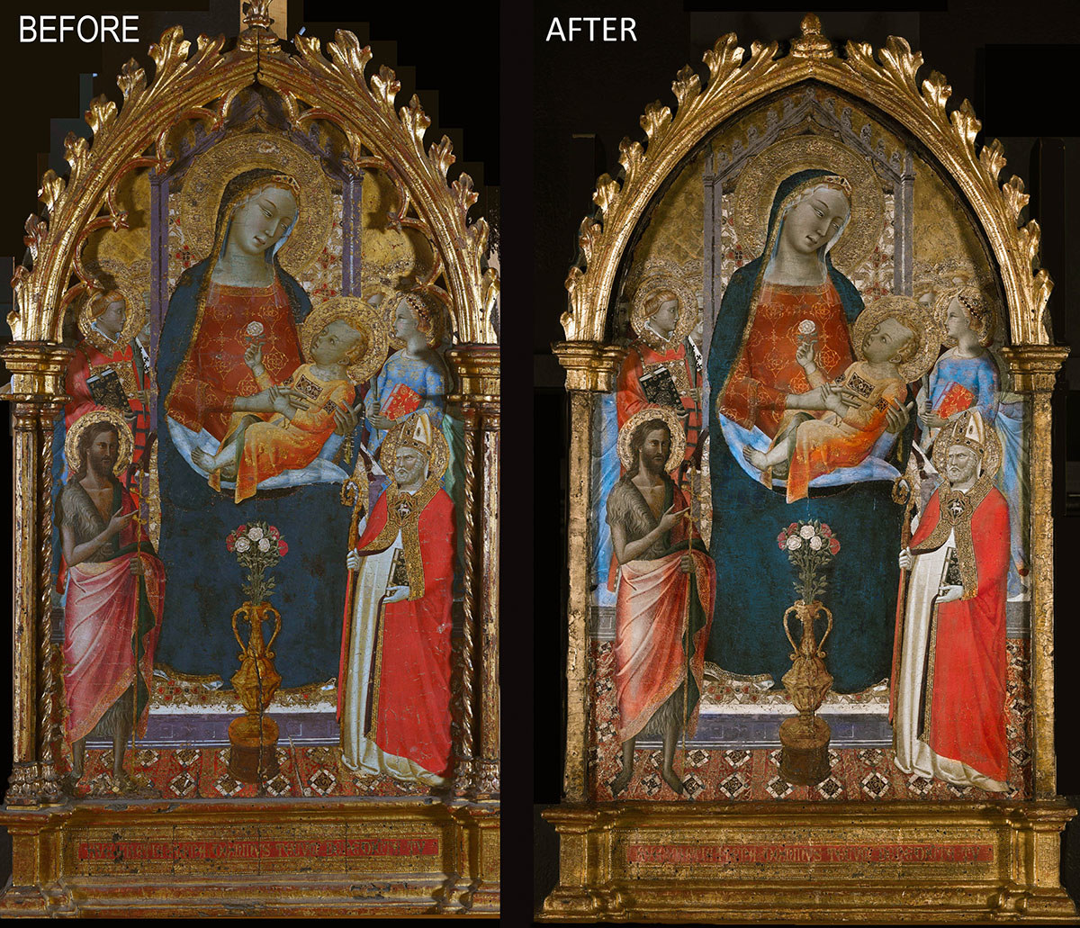 Before and after pictures of a religious painting. Parts of the frame are removed to show more of the painting.