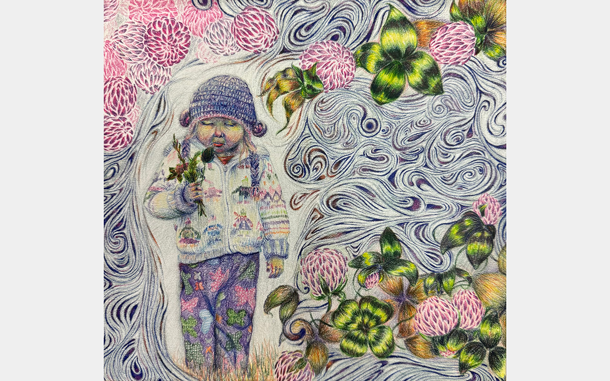 Child holding a bouquet of flowers surrounded by a psychedelic background