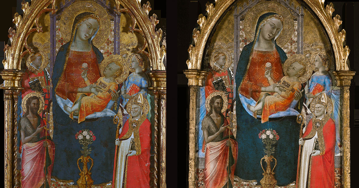 A before and after photo of a religious painting