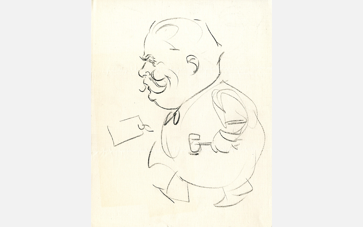 Black and white line drawing of a man with a large head and mustache on a short, squat, round body.