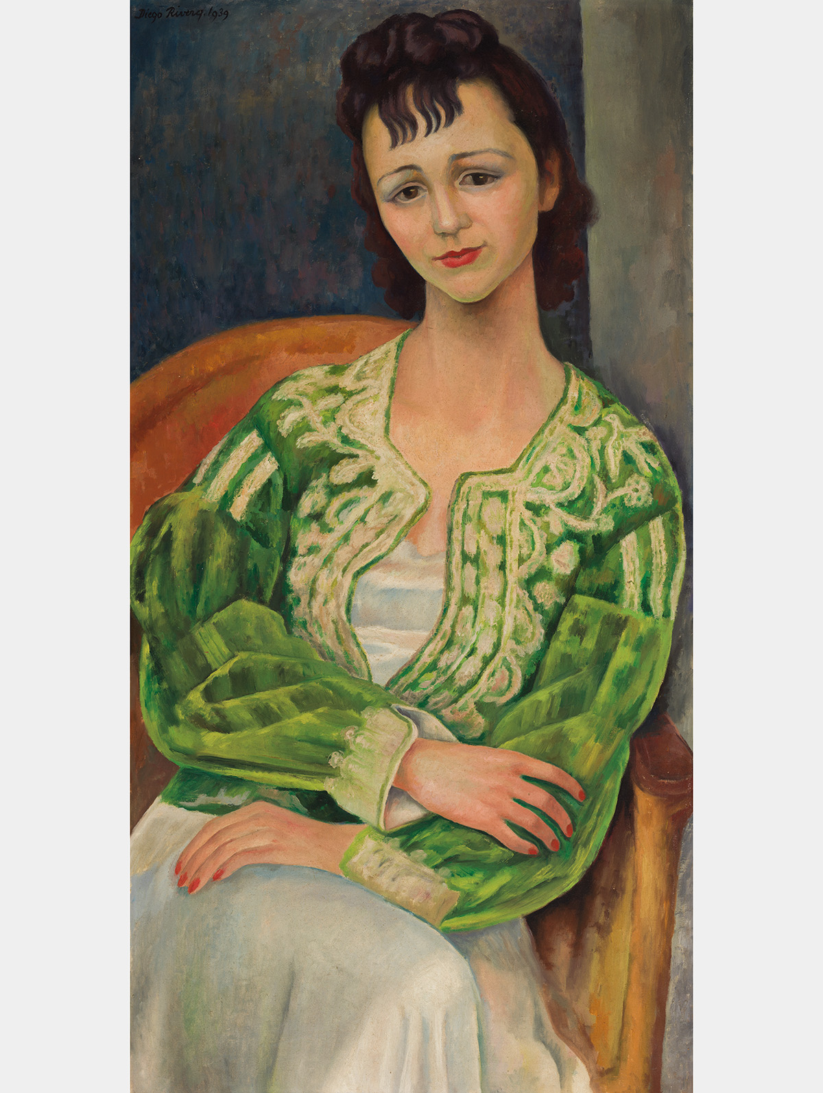 A painting of a woman wearing an ornate green jacket